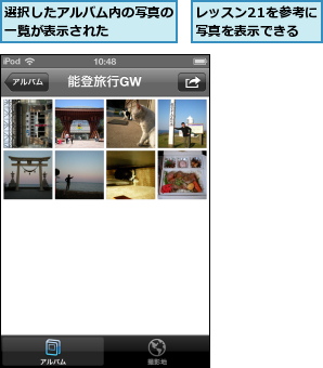 レッスン21を参考に写真を表示できる,選択したアルバム内の写真の一覧が表示された    