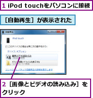 1 iPod touchをパソコンに接続,2［画像とビデオの読み込み］をクリック          ,［自動再生］が表示された