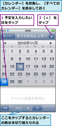 1 予定を入力したい日をタップ    ,ここをタップするとカレンダーの表示を切り替えられる  ,２［＋］ をタップ  ,［カレンダー］を起動し、［すべてのカレンダー］を表示しておく    