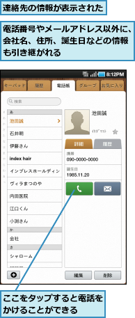 ここをタップすると電話をかけることができる　　,連絡先の情報が表示された,電話番号やメールアドレス以外に、会社名、住所、誕生日などの情報も引き継がれる