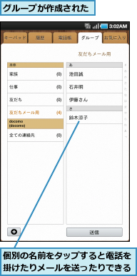 グループが作成された,個別の名前をタップすると電話を掛けたりメールを送ったりできる