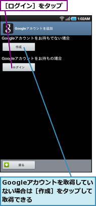 Googleアカウントを取得してい　ない場合は［作成］をタップして取得できる,［ログイン］をタップ