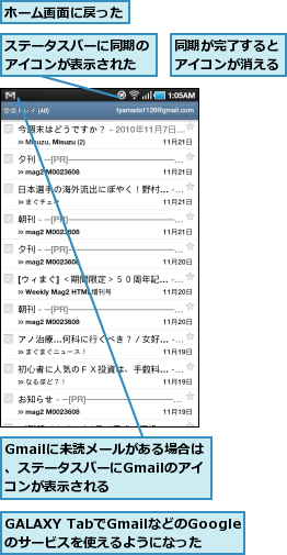 GALAXY TabでGmailなどのGoogleのサービスを使えるようになった,Gmailに未読メールがある場合は、ステータスバーにGmailのアイコンが表示される,ステータスバーに同期のアイコンが表示された,ホーム画面に戻った,同期が完了するとアイコンが消える
