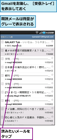 Gmailを起動し、［受信トレイ］を表示しておく　　　　　　,既読メールは背景がグレーで表示される,読みたいメールをタップ　　　　