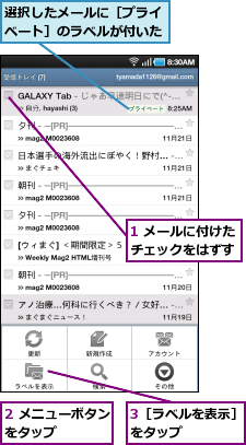 1 メールに付けたチェックをはずす,2 メニューボタンをタップ　　　　　,3［ラベルを表示］をタップ　　　　,選択したメールに［プライベート］のラベルが付いた
