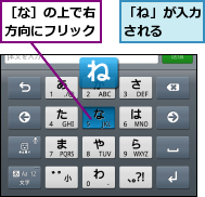 「ね」が入力される  ,［な］の上で右方向にフリック