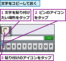 1 文字を貼り付けたい場所をタップ,3 貼り付けのアイコンをタップ,文字をコピーしておく,２ ピンのアイコンをタップ    