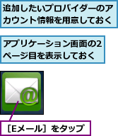 アプリケーション画面の2ページ目を表示しておく,追加したいプロバイダーのアカウント情報を用意しておく,［Eメール］をタップ