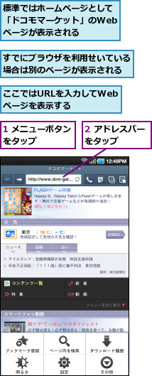 1 メニューボタンをタップ　　　　,2 アドレスバーをタップ　　　　,ここではURLを入力してWebページを表示する,すでにブラウザを利用せいている場合は別のページが表示される,標準ではホームページとして「ドコモマーケット」のWebページが表示される