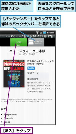 画面をスクロールして目次などを確認できる,雑誌の紹介画面が表示された　　,［バックナンバー］をタップすると雑誌のバックナンバーを選択できる,［購入］をタップ