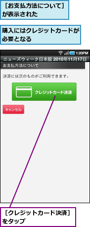 購入にはクレジットカードが必要となる　　　　　　　,［お支払方法について］が表示された　　　　　,［クレジットカード決済］をタップ　　　　　　　　