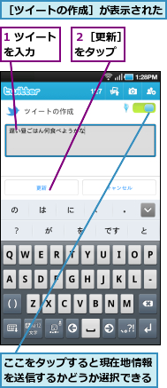 1 ツイートを入力　　　,ここをタップすると現在地情報を送信するかどうか選択できる,２［更新］をタップ,［ツイートの作成］が表示された