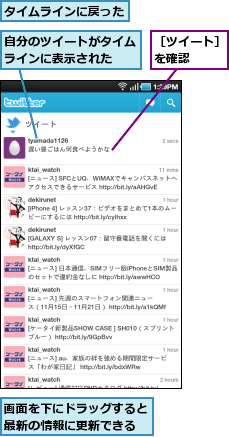 タイムラインに戻った,画面を下にドラッグすると最新の情報に更新できる,自分のツイートがタイムラインに表示された　　,［ツイート］を確認　　　