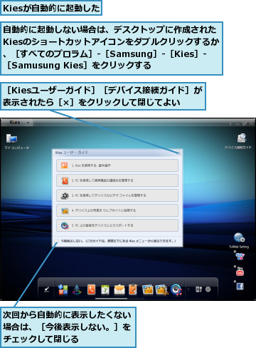 Kiesが自動的に起動した,次回から自動的に表示したくない場合は、［今後表示しない。］をチェックして閉じる,自動的に起動しない場合は、デスクトップに作成されたKiesのショートカットアイコンをダブルクリックするか、［すべてのプロラム］‐［Samsung］‐［Kies］‐［Samusung Kies］をクリックする,［Kiesユーザーガイド］［デバイス接続ガイド］が表示されたら［×］をクリックして閉じてよい　　　　