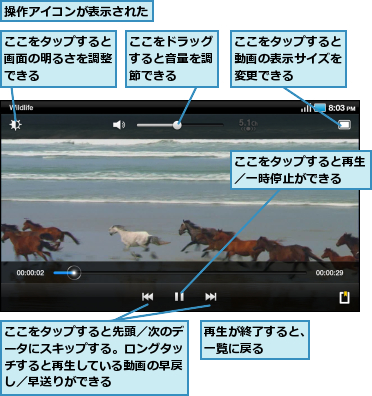ここをタップすると先頭／次のデータにスキップする。ロングタッチすると再生している動画の早戻し／早送りができる,ここをタップすると再生／一時停止ができる　　,ここをタップすると動画の表示サイズを変更できる,ここをタップすると画面の明るさを調整できる,ここをドラッグすると音量を調節できる,再生が終了すると、一覧に戻る　　　,操作アイコンが表示された