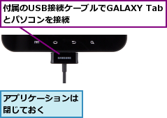 アプリケーションは閉じておく　　　,付属のUSB接続ケーブルでGALAXY Tabとパソコンを接続　　　　　　　　　