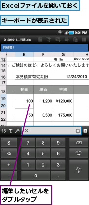 Excelファイルを開いておく,キーボードが表示された,編集したいセルをダブルタップ　　