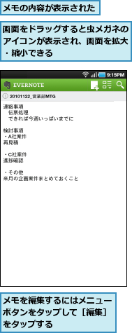 メモの内容が表示された,メモを編集するにはメニューボタンをタップして［編集］をタップする,画面をドラッグすると虫メガネのアイコンが表示され、画面を拡大・縮小できる