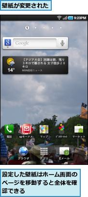 壁紙が変更された,設定した壁紙はホーム画面のページを移動すると全体を確認できる