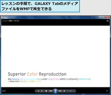 レッスンの手順で、GALAXY TabのメディアファイルをWMPで再生できる    