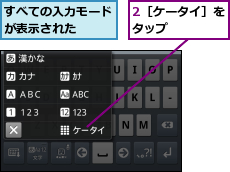 2［ケータイ］をタップ    ,すべての入力モードが表示された  