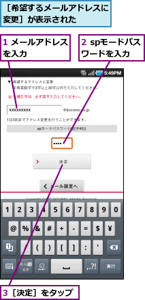1 メールアドレスを入力　　　　　,2 spモードパスワードを入力,3［決定］をタップ,［希望するメールアドレスに変更］が表示された　　　