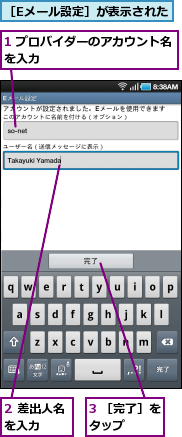 1 プロバイダーのアカウント名を入力　　　　　　　　　　　,2 差出人名を入力　　,3 ［完了］をタップ　　　　,［Eメール設定］が表示された