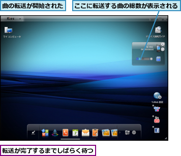 ここに転送する曲の総数が表示される,曲の転送が開始された,転送が完了するまでしばらく待つ