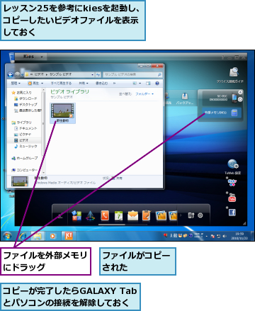 コピーが完了したらGALAXY Tabとパソコンの接続を解除しておく,ファイルがコピーされた　　　　,ファイルを外部メモリにドラッグ　　　　,レッスン25を参考にkiesを起動し、コピーしたいビデオファイルを表示しておく