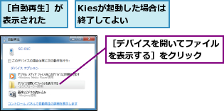 Kiesが起動した場合は終了してよい　　,［デバイスを開いてファイルを表示する］をクリック　　,［自動再生］が表示された　　