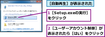 1［Setup.exeの実行］をクリック　　,2［ユーザーアカウント制御］が表示されたら［はい］をクリック,［自動再生］が表示された