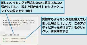 正しいタイミングで発音したのに認識されない場合は［はい、設定を開きます］をクリックし、マイクの設定をやり直す,発音するタイミングを間違えてしまった場合は［いいえ、このアクティビティを続けます］をクリックし、再度発音する