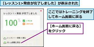 ここではトレーニングを終了してホーム画面に戻る　　　,［ホーム画面に戻る］をクリック　　　　,［レッスン1/>発音が完了しました］が表示された