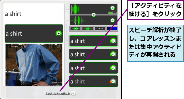 スピーチ解析が終了し、コアレッスンまたは集中アクティビティが再開される,［アクティビティを続ける］をクリック