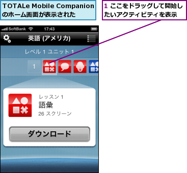 1 ここをドラッグして開始したいアクティビティを表示  ,TOTALe Mobile Companionのホーム画面が表示された