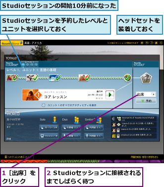 1［出席］をクリック　　,2 Studioセッションに接続されるまでしばらく待つ　　　　,Studioセッションの開始10分前になった,Studioセッションを予約したレベルとユニットを選択しておく　　　　,ヘッドセットを装着しておく