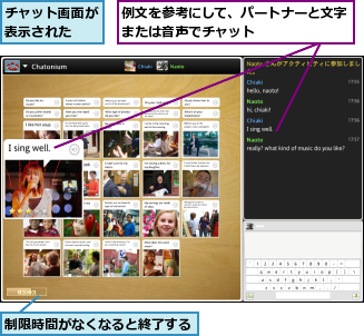 チャット画面が表示された　　,例文を参考にして、パートナーと文字または音声でチャット　　　　　　,制限時間がなくなると終了する