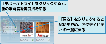 ［もう一度トライ］をクリックすると、他の学習者を再度招待する　　　,［戻る］をクリックすると招待をやめ、アクティビティの一覧に戻る