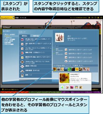 スタンプをクリックすると、スタンプの内容や取得日時などを確認できる,他の学習者のプロフィール画像にマウスポインターを合わせると、その学習者のプロフィールとスタンプが表示される,［スタンプ］が表示された　　