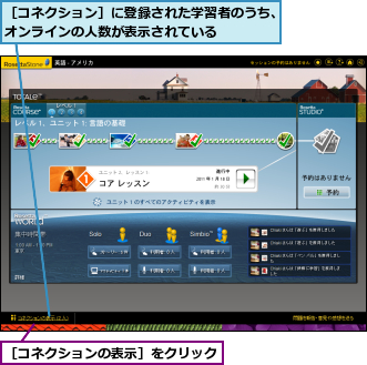 ［コネクションの表示］をクリック,［コネクション］に登録された学習者のうち、オンラインの人数が表示されている　　　