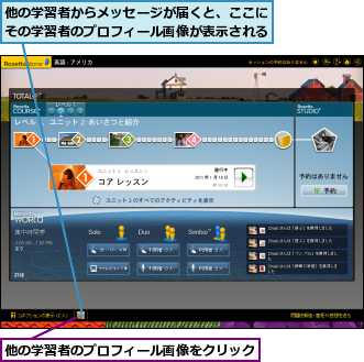 他の学習者からメッセージが届くと、ここにその学習者のプロフィール画像が表示される,他の学習者のプロフィール画像をクリック