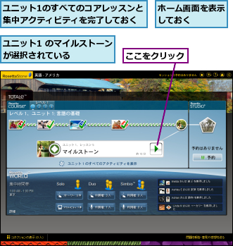 ここをクリック,ホーム画面を表示しておく    ,ユニット1 のマイルストーンが選択されている      ,ユニット1のすべてのコアレッスンと集中アクティビティを完了しておく