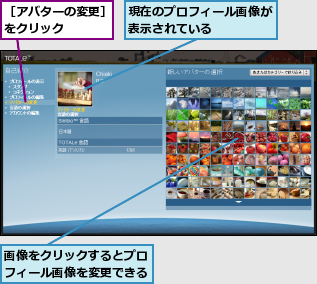 現在のプロフィール画像が表示されている　　　　,画像をクリックするとプロフィール画像を変更できる,［アバターの変更］をクリック　　　　