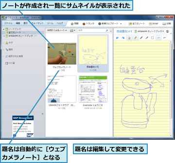ノートが作成され一覧にサムネイルが表示された,題名は編集して変更できる,題名は自動的に［ウェブカメラノート］となる