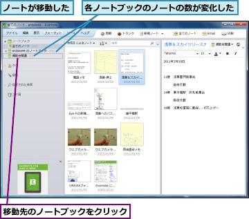 ノートが移動した,各ノートブックのノートの数が変化した,移動先のノートブックをクリック
