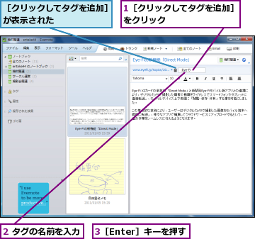 1［クリックしてタグを追加］をクリック　　　　　　　　,2 タグの名前を入力,3［Enter］キーを押す,［クリックしてタグを追加］が表示された　　　　　　　