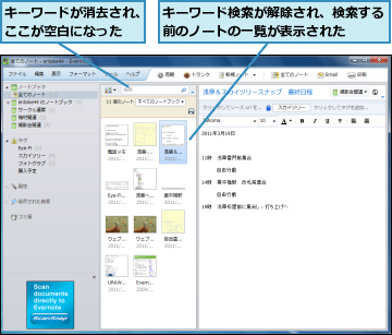 キーワードが消去され、ここが空白になった,キーワード検索が解除され、検索する前のノートの一覧が表示された　　