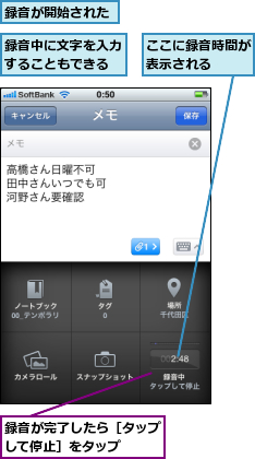 ここに録音時間が表示される  ,録音が完了したら［タップして停止］をタップ  ,録音が開始された,録音中に文字を入力することもできる