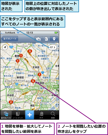 1 地図を移動・拡大してノートを閲覧したい範囲を表示    ,2 ノートを閲覧したい位置の吹き出しをタップ      ,ここをタップすると表示範囲内にあるすべてのノートの一覧が表示される,地図が表示された  ,地図上の位置に対応したノートの数が吹き出しで表示された