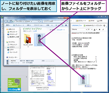 ノートに貼り付けたい画像を用意し、フォルダーを表示しておく,画像ファイルをフォルダーからノート上にドラッグ